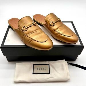 Gucci Princetown Horsebit Accent Metallic Gold Slip-On Loafers EU 37 US 7